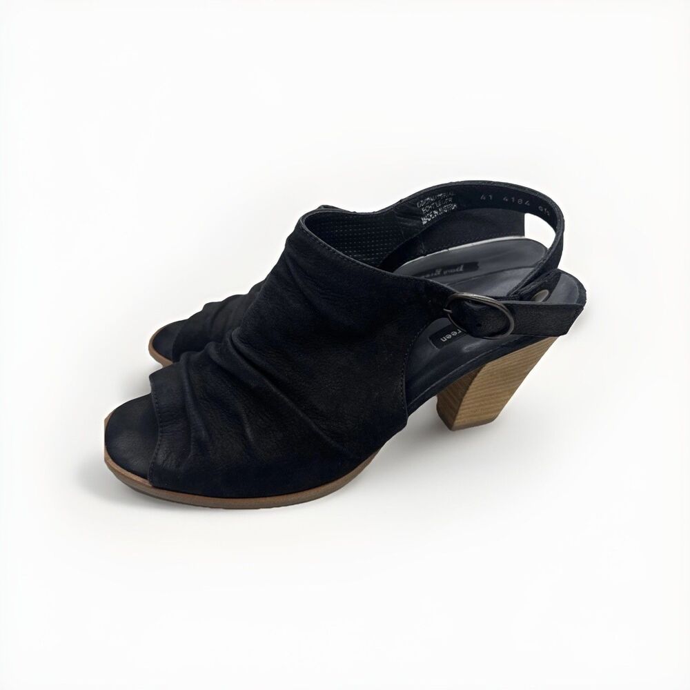 Paul Green Black Nubuck Leather Ruched Slingback Heels Peep Toe Size 10 - Picture 2 of 9